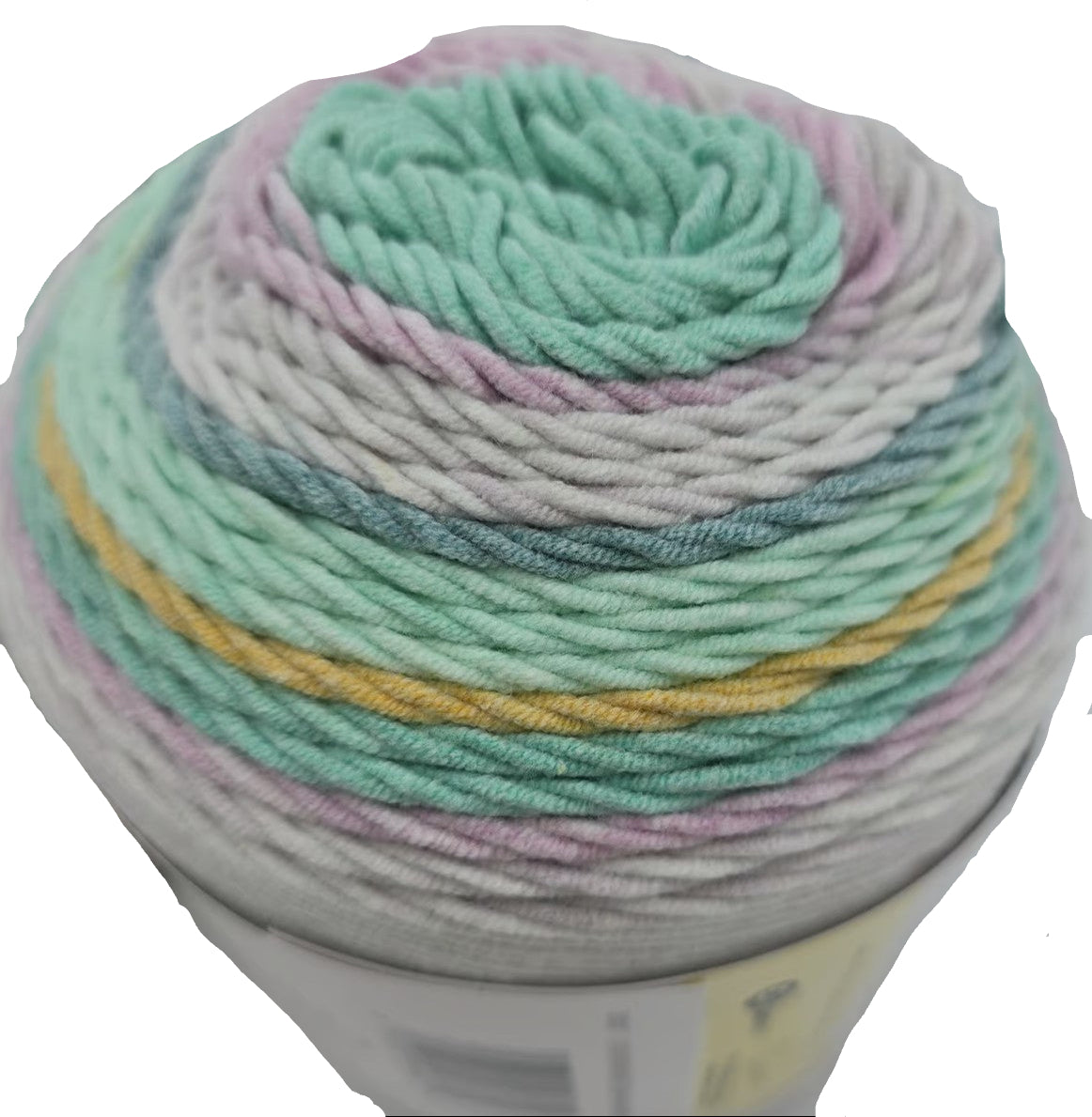 Close-up Image of a cake of Caron Cotton Painterly Cakes yarn in the color Turquoise Thrill with partial label on a white background.