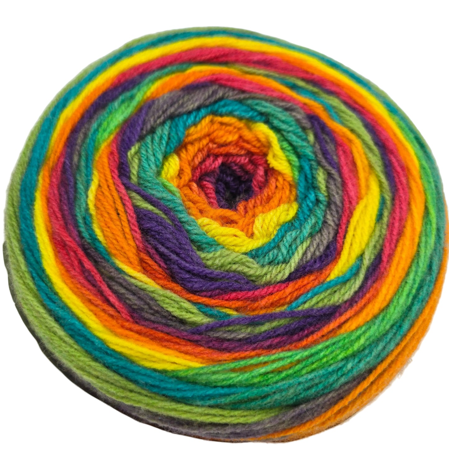 Close-up image of a single cake of Caron Skinny Cakes Yarn in the color Rainbow on a white background.