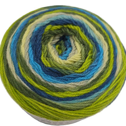 Close-up image of Caron Skinny Cakes Yarn in the color Lime Twist on a white background.