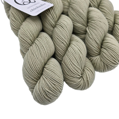 Close-up image of Chickadee Yarn by Quince & Co. in the color Eucalyptus LE with partial label on a white background.