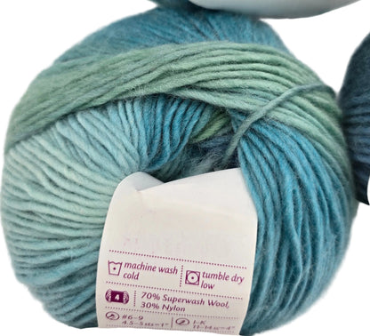 Close-up Chroma Worsted Weight Yarn by Knit Picks in the color Surf's Up with partial label and white background.