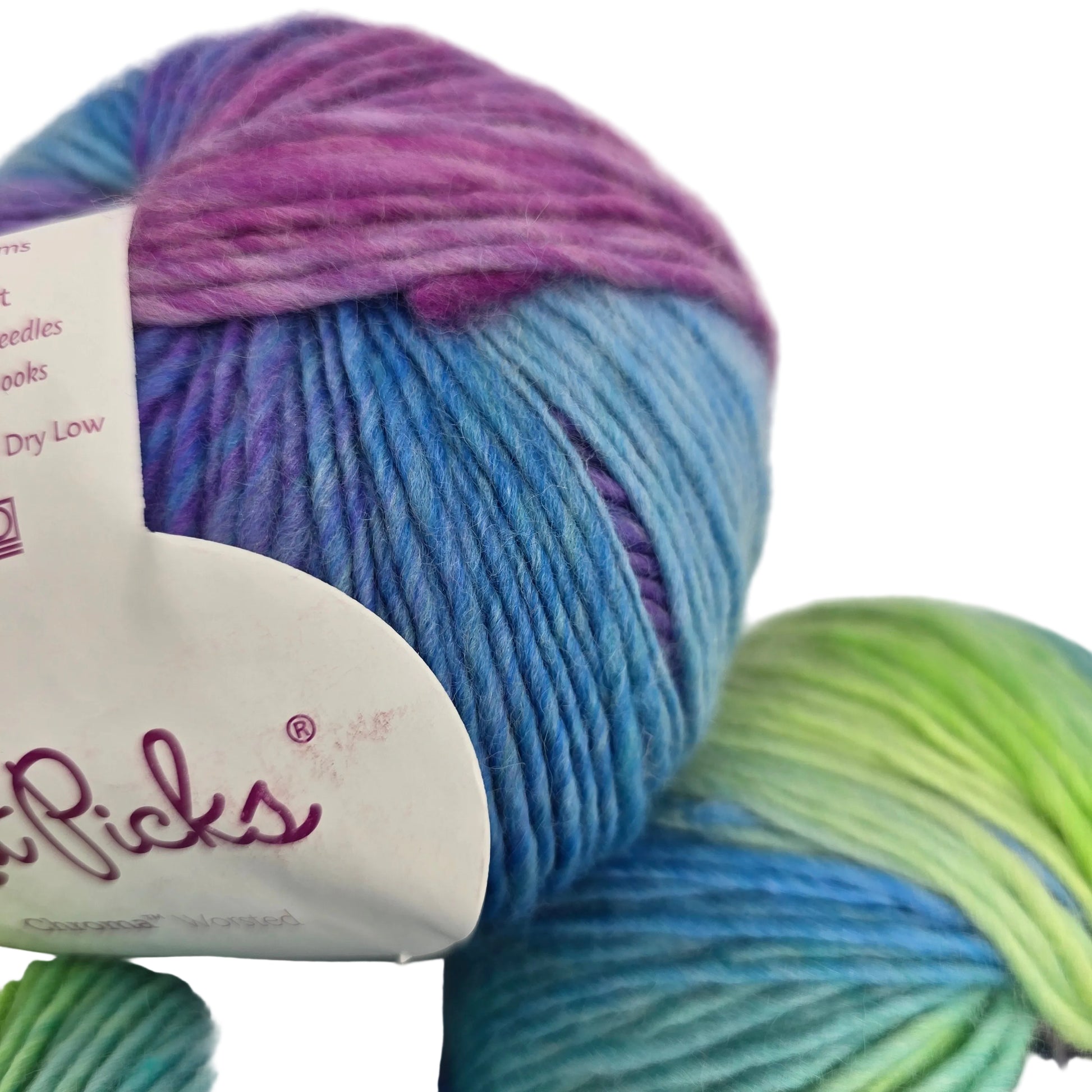 Close-up image of Chroma Worsted Yarn by Knit Picks in the color Pegasus with  partial label on a white  background.