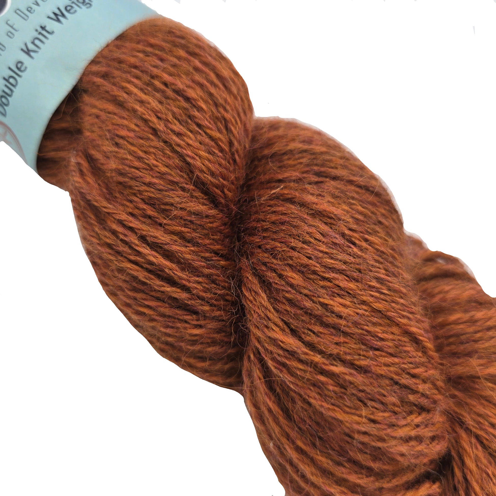 Close-up image of a single skein of Devonia DK yarn by John Arbon Textiles in the color Amber Blaze with partial label on a white background.
