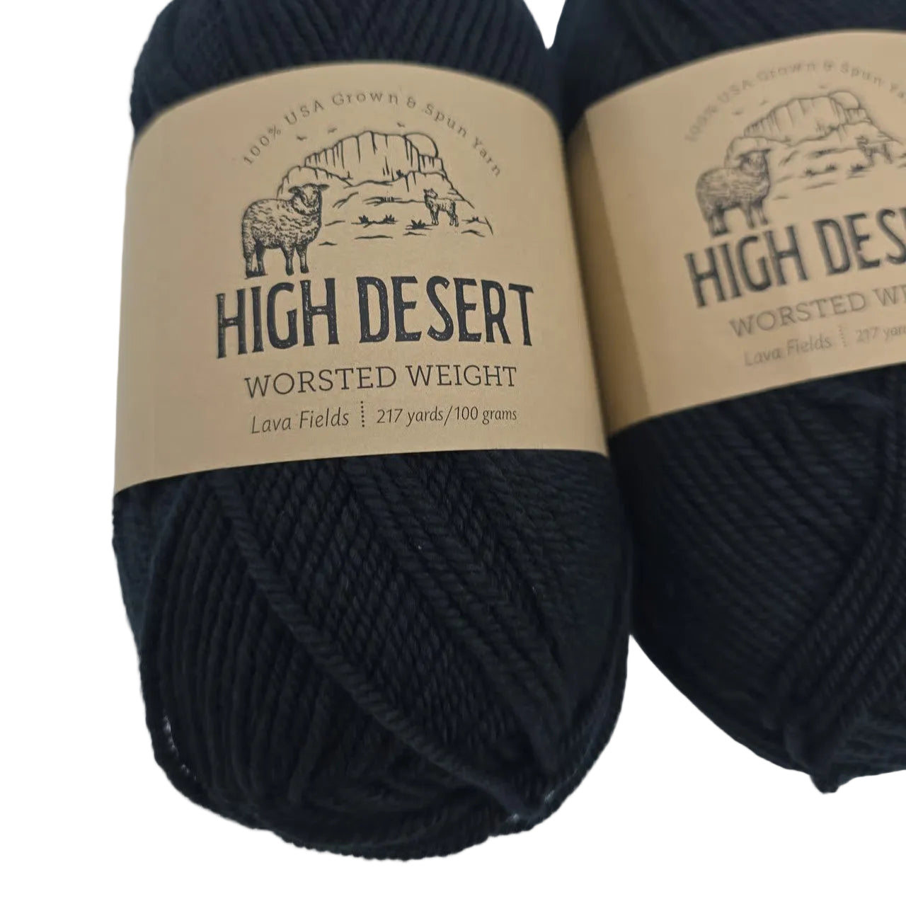 Close-up image of High Desert Worsted Yarn by Knit Picks in the color Lava Fields with label on a white background.