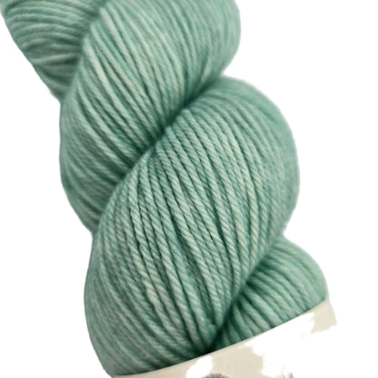 Close-up image of a single skein of House DK Yarn by House of a la Mode in the color Palm with partial label on a white background.