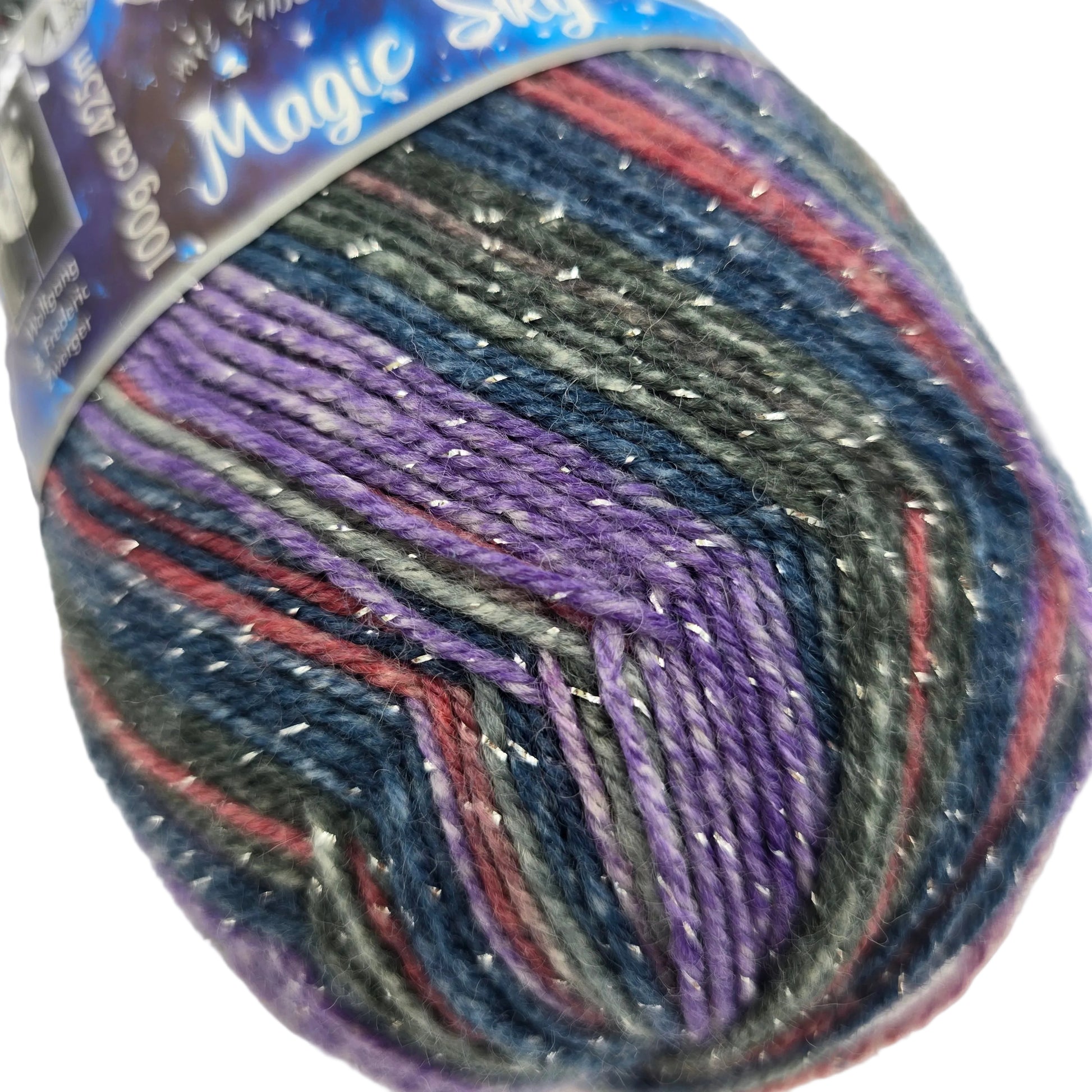 Close-up image of a single skein of Opal Magic Sky 4-Ply Sock Yarn in the Color 9804 Moonlight with partial label on a white background.