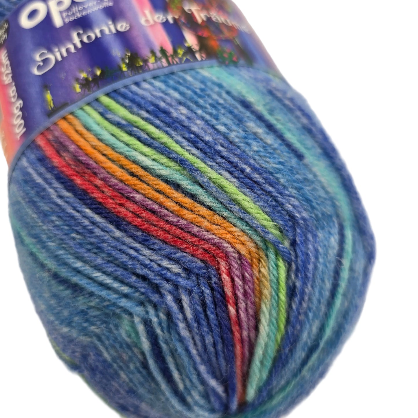 Close-up image of a single skein of Opal Sinfonie der Traume yarn in Color 9611 Wild Water with partial label on a white background.