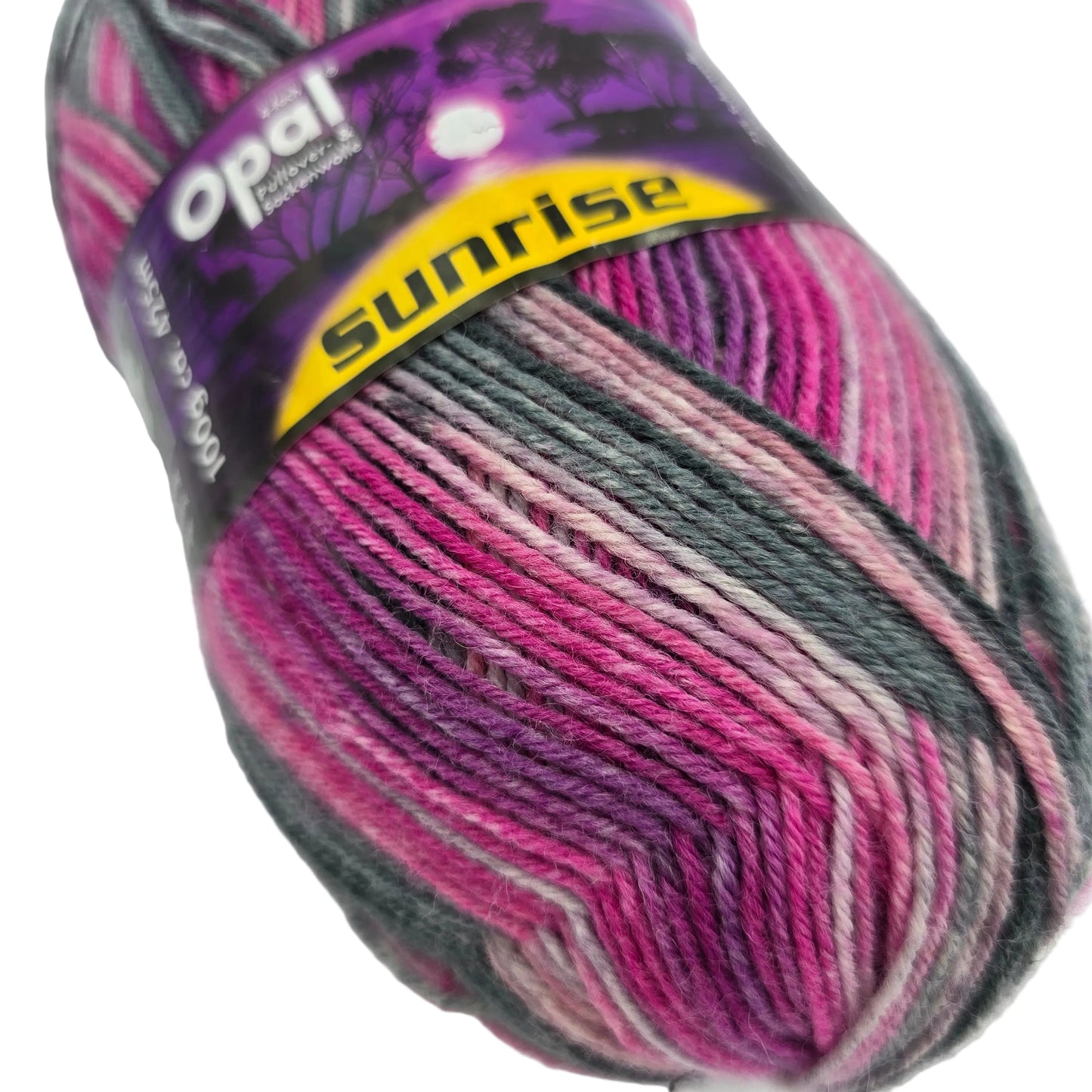 Close-up image of a single skein of Opal Sunrise 4-Ply Sock Yarn  in Color 9441 with partial label on a white background.