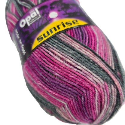 Close-up image of a single skein of Opal Sunrise 4-Ply Sock Yarn  in Color 9441 with partial label on a white background.