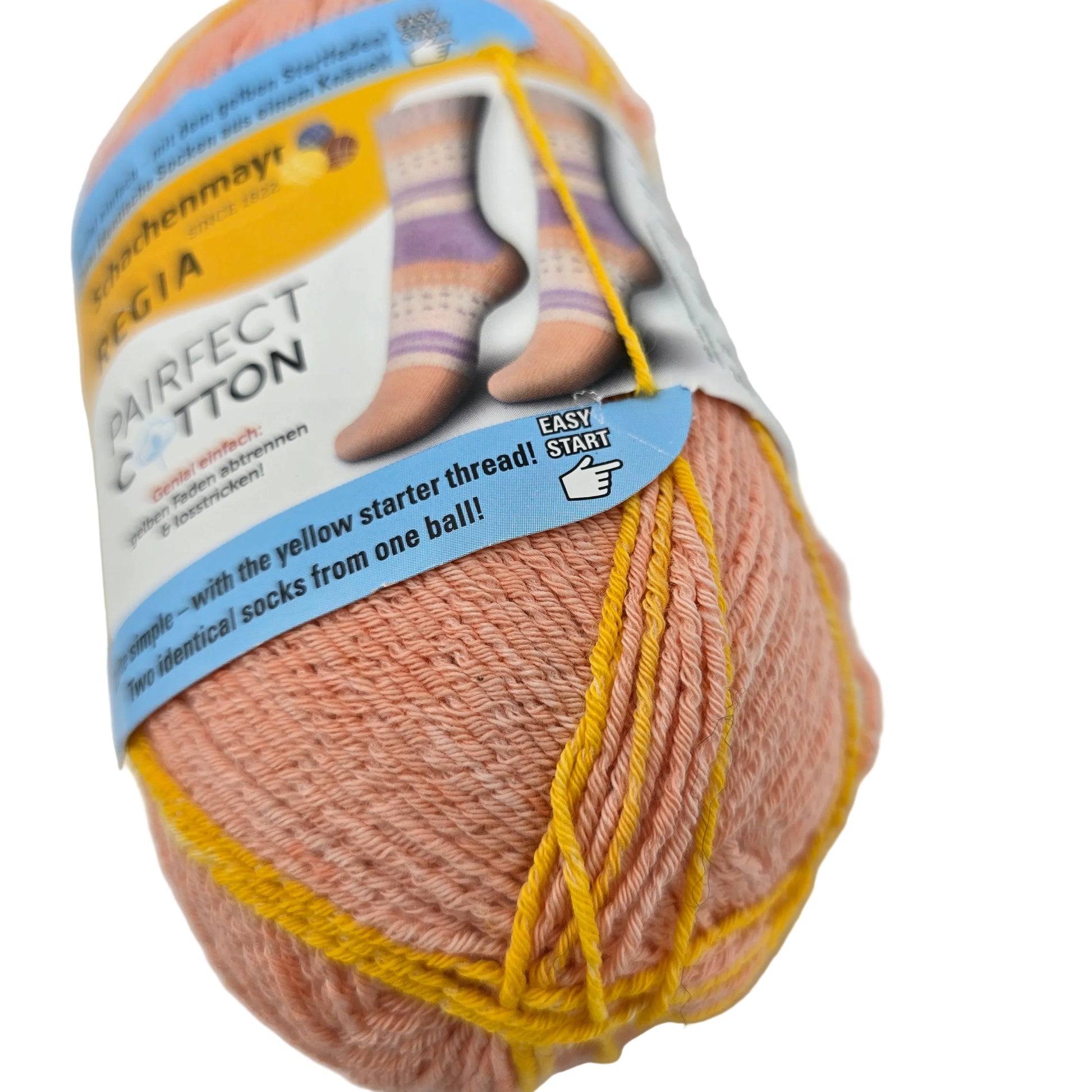 Close-up image of Pairfect Cotton by Schachenmayr Regia Yarn in Color 02976 with label on a white background.