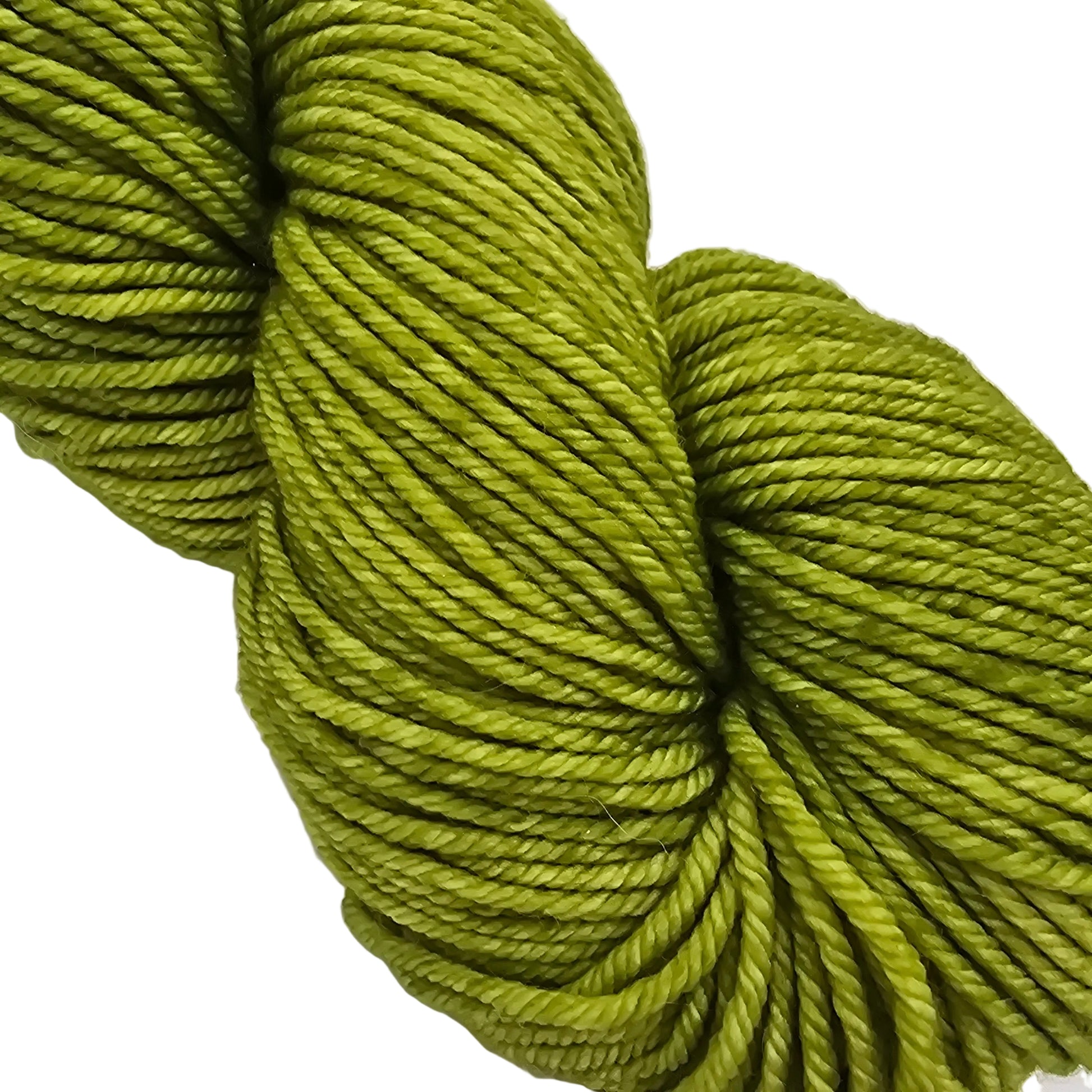 Close-up Image of a single skein of Rios by Malabrio Worsted Wool Yarn in the color Lettuce on a white background.