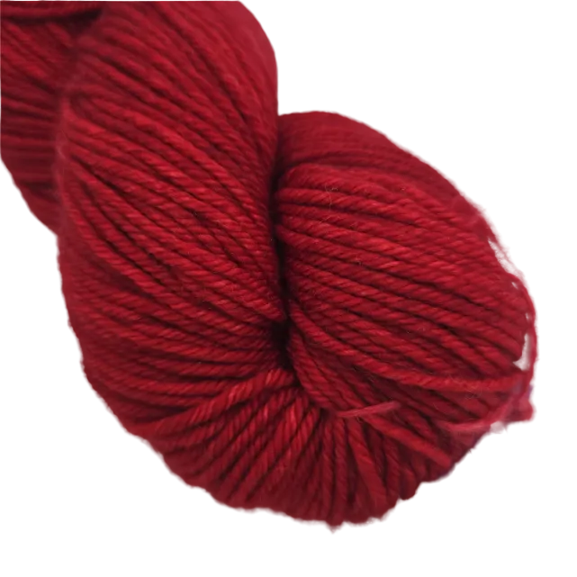 Close-up image of Rios by Malabrigo yarn in color 611 Ravelry Red on a white background.