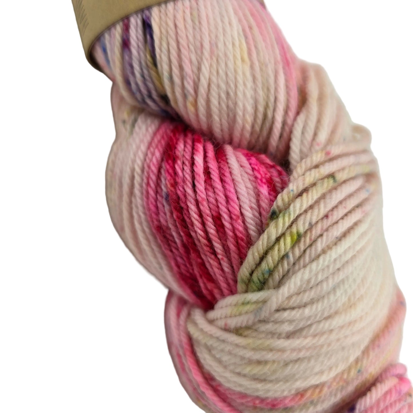 Close-up Image of a single skein of Simply Spectacular DK yarn by Emma's Yarn in color May '22 with partial label on a white background.