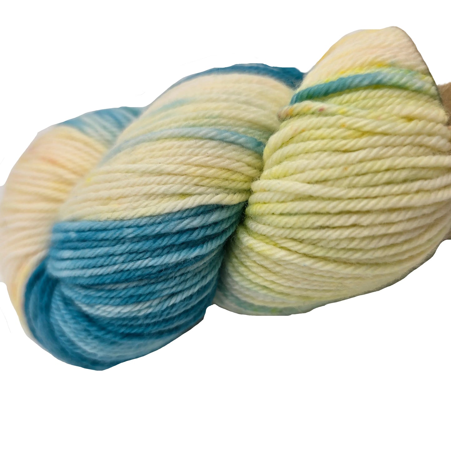 Close-up image of a skein of Simply_Spectacular_DK Yarn_by_Emma's yarn in the color _September_22 with partial label on a white background.