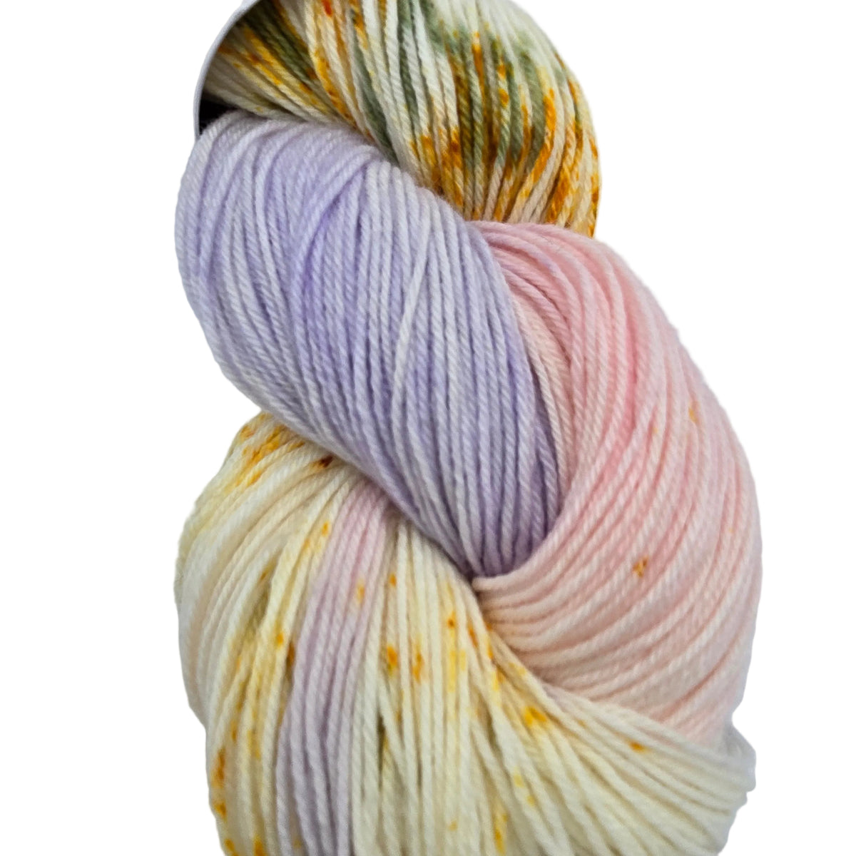 A twisted skein of Sock_Blend_Yarn_by_Cosmic_Strings_- in the color Peony a variegated yarn with soft pastel stripes in lavender, blush pink, cream, and hints of olive green and orange speckles, photographed on a plain light background.