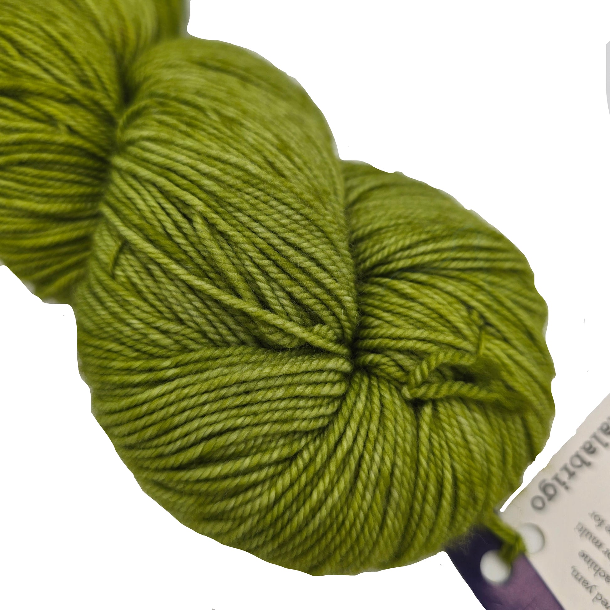 Close-up image of Sock by Malabrigo yarn in color 037 Lettuce with partial label  on a white background.