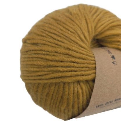 Close-up image of The Petite Wool Yarn by We Are Knitters in Ochre with partial label on a white background.