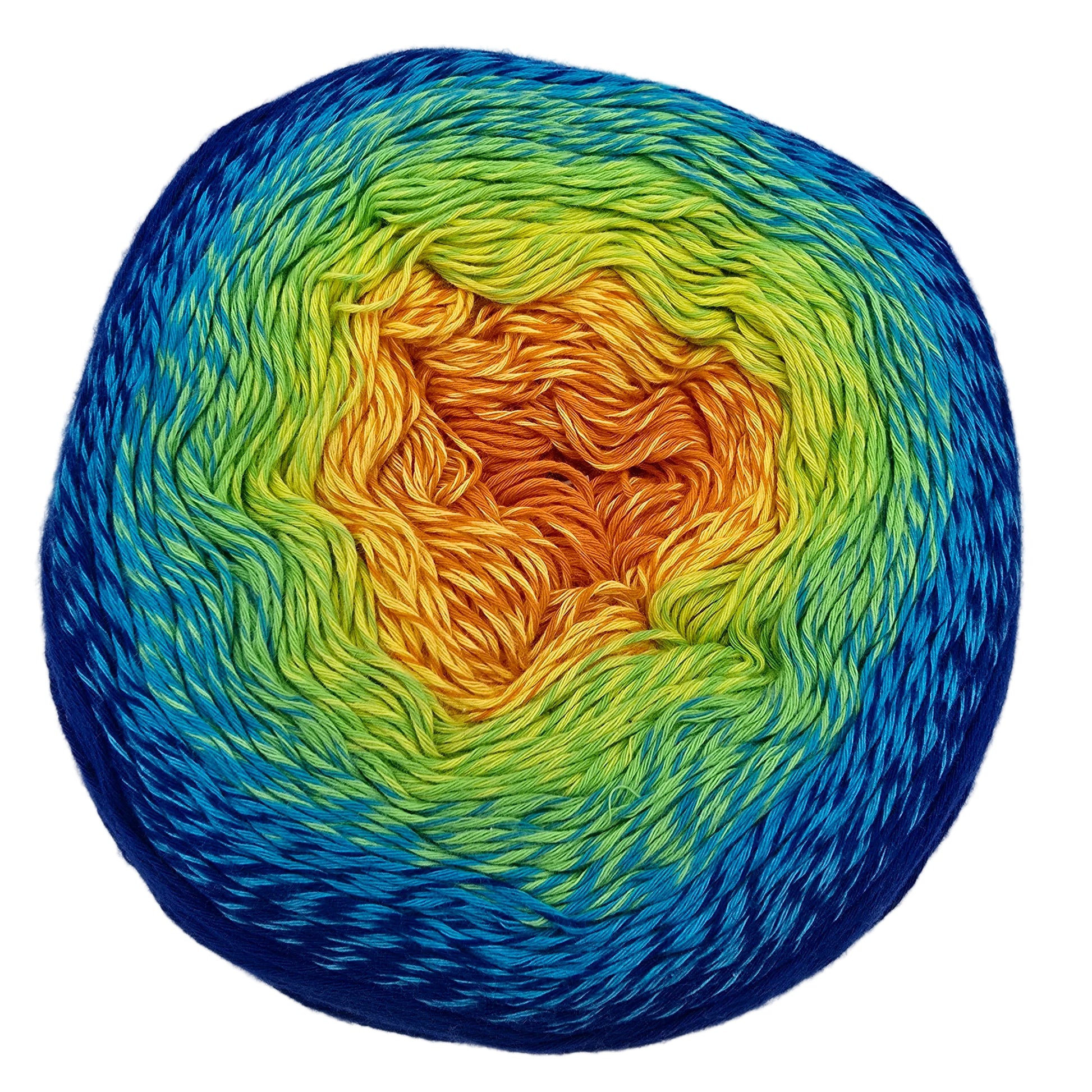 Overhead image of a single cake of Twirls_Deluxe_yarn by_Cotton_Kings_-_in Color_13_Andamooka_Opal on a white background.