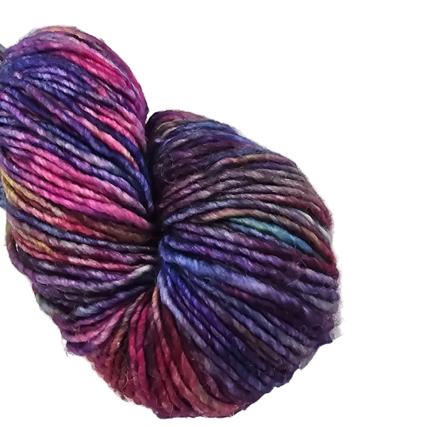 Close-up Image of a single skein of Washted by Malabrigo Yarn in coloe 005 Aniversario with label on a white background