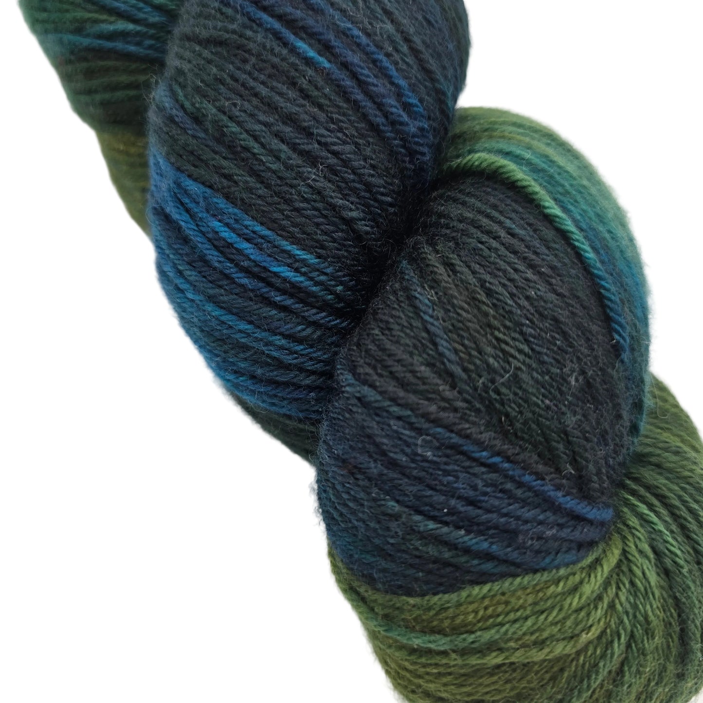 Close-up Image of a single hank of Yowza Light Worsted Yarn by Miss Babs in the color Blue Dasher on a white background.