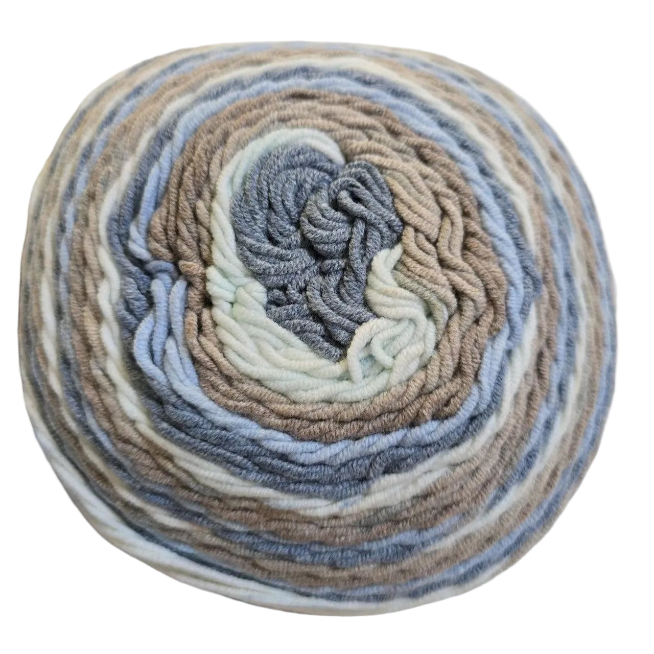 Close-up image of a single cake of Caron Cotton Cakes yarn in the color Nested Blues on a white background.