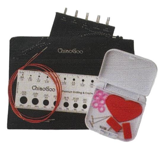 Close-up image of items included in ChiaoGoo Red Lace Interchangeable Twist Minis Knitting Needle Set.