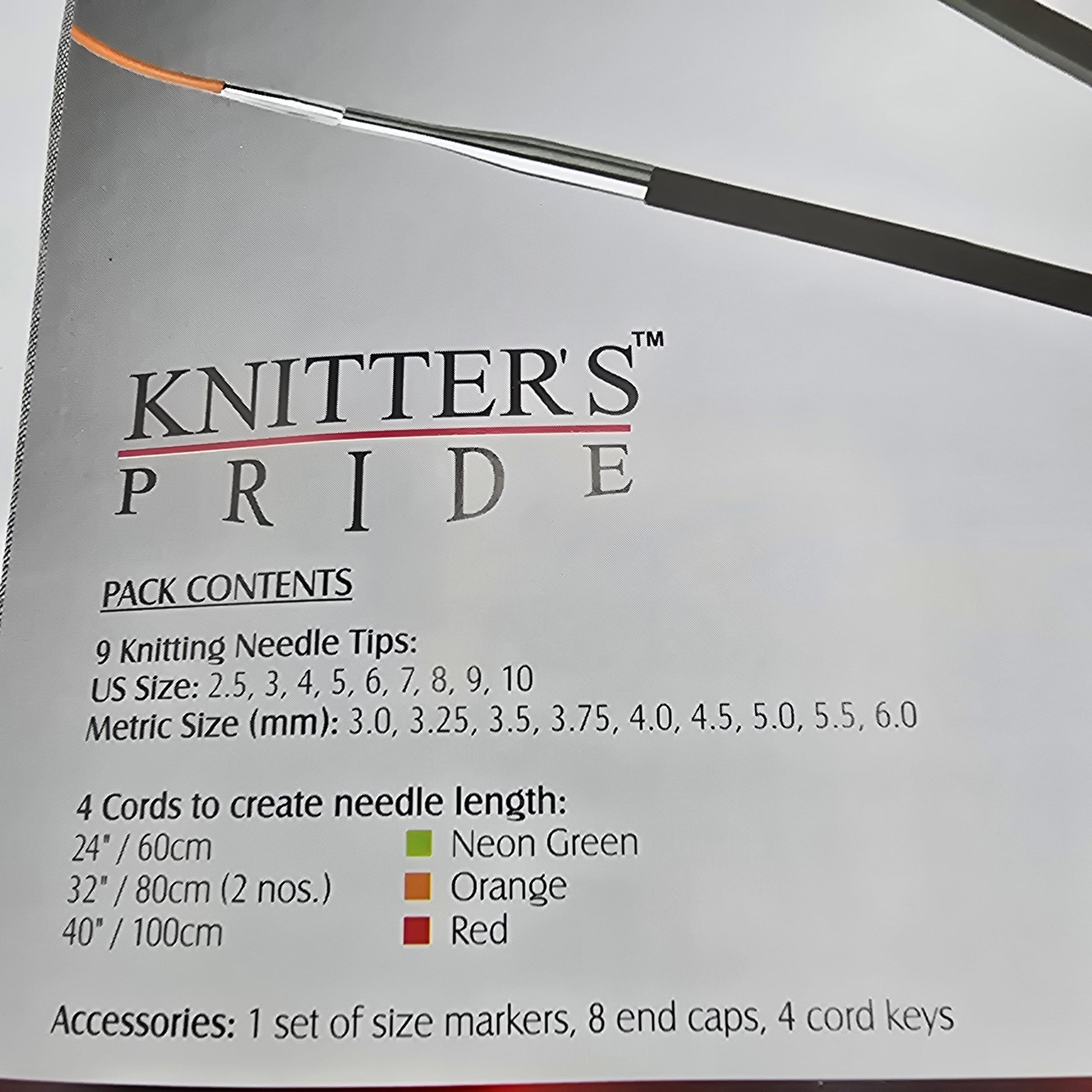 Close-up image of left side of Knit Pro/Knitters Pride interchangeable deluxe knitting needle label showing all dimensions and specifications of the product.