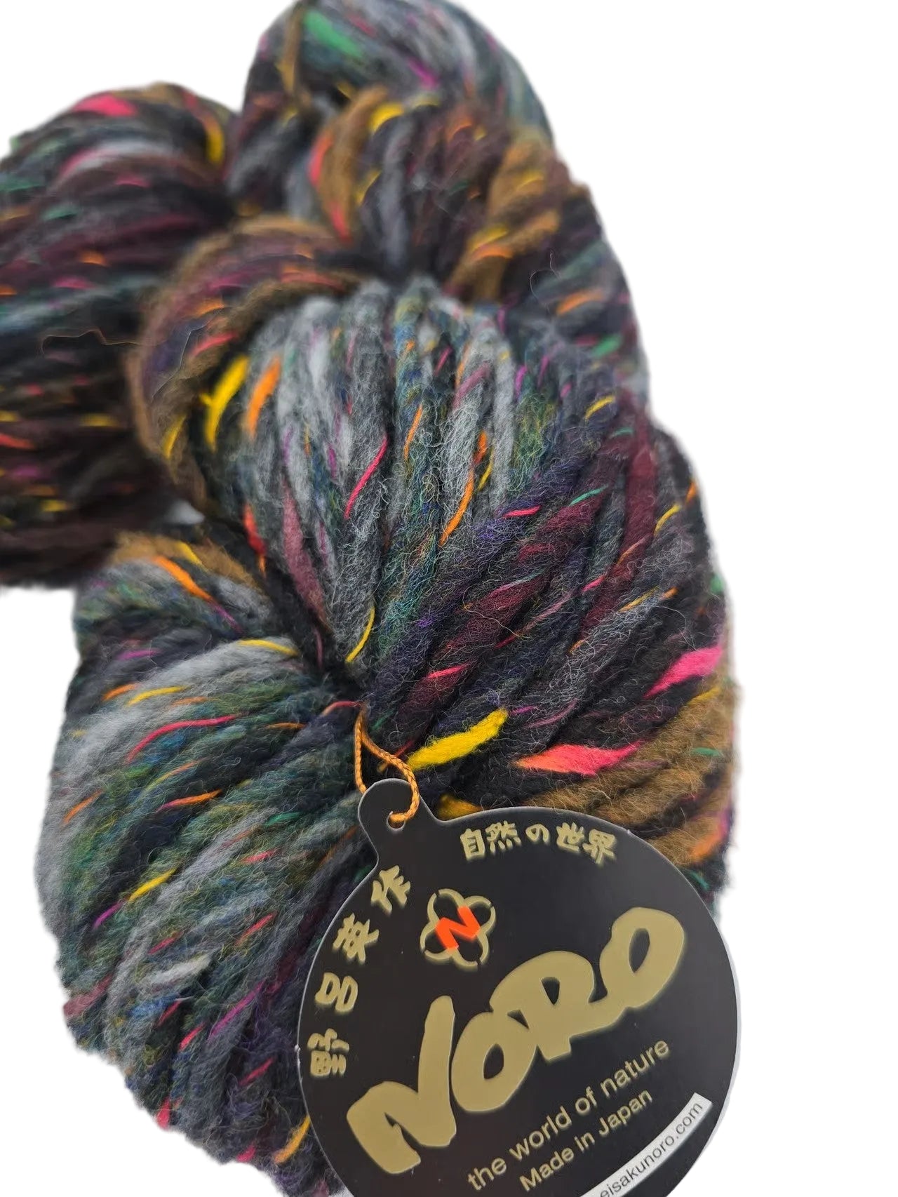 Close-up image of a skein of Yoori yarn by noro in color 2 with label on a white background.