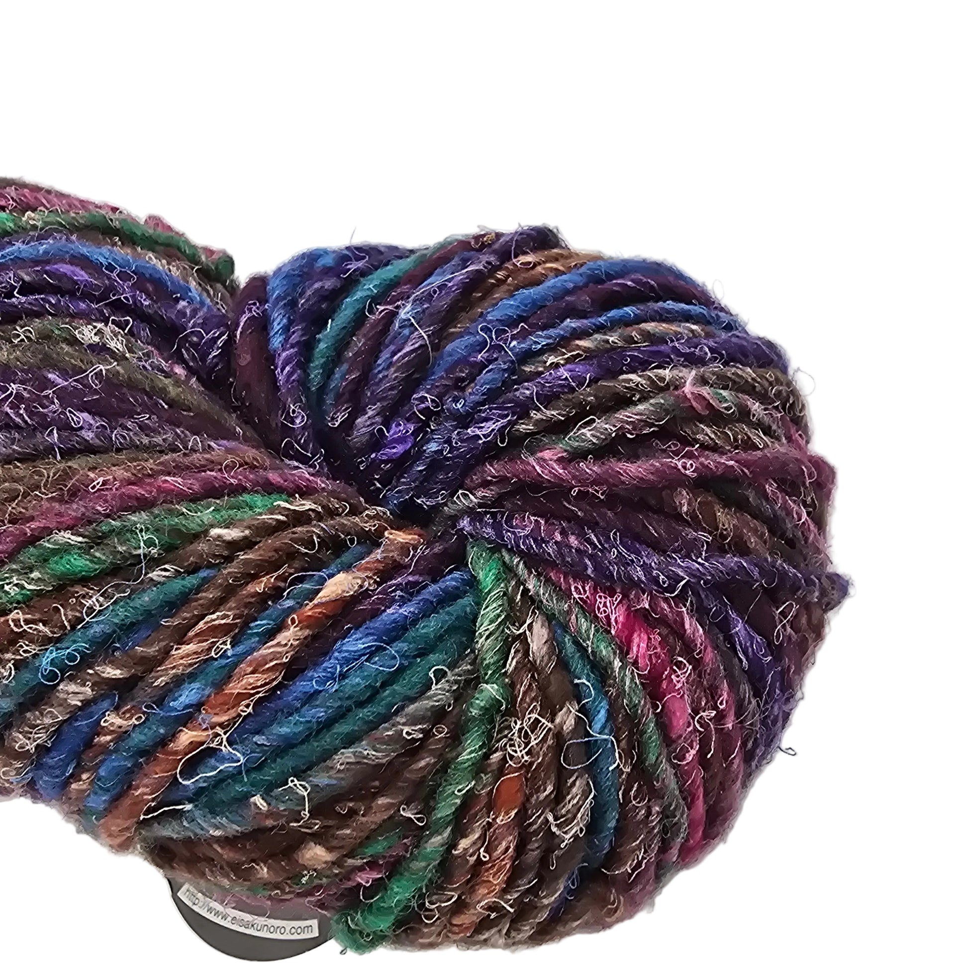Close-up image of a single skein of multicolor skein Iro by Noro Yarn on  white background.