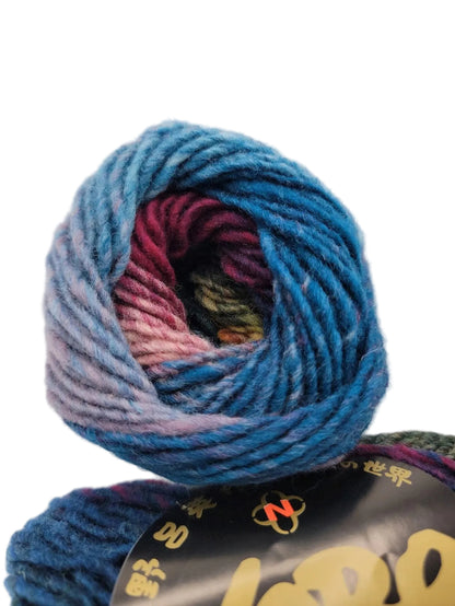 Close-up image of multicolor Kureyon Yarn by Noro in color 170 with labels on a white background.