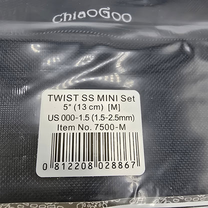Close-up image of label on ChiaoGoo Twist Minis knitting needle set showing dimensions not visible background.