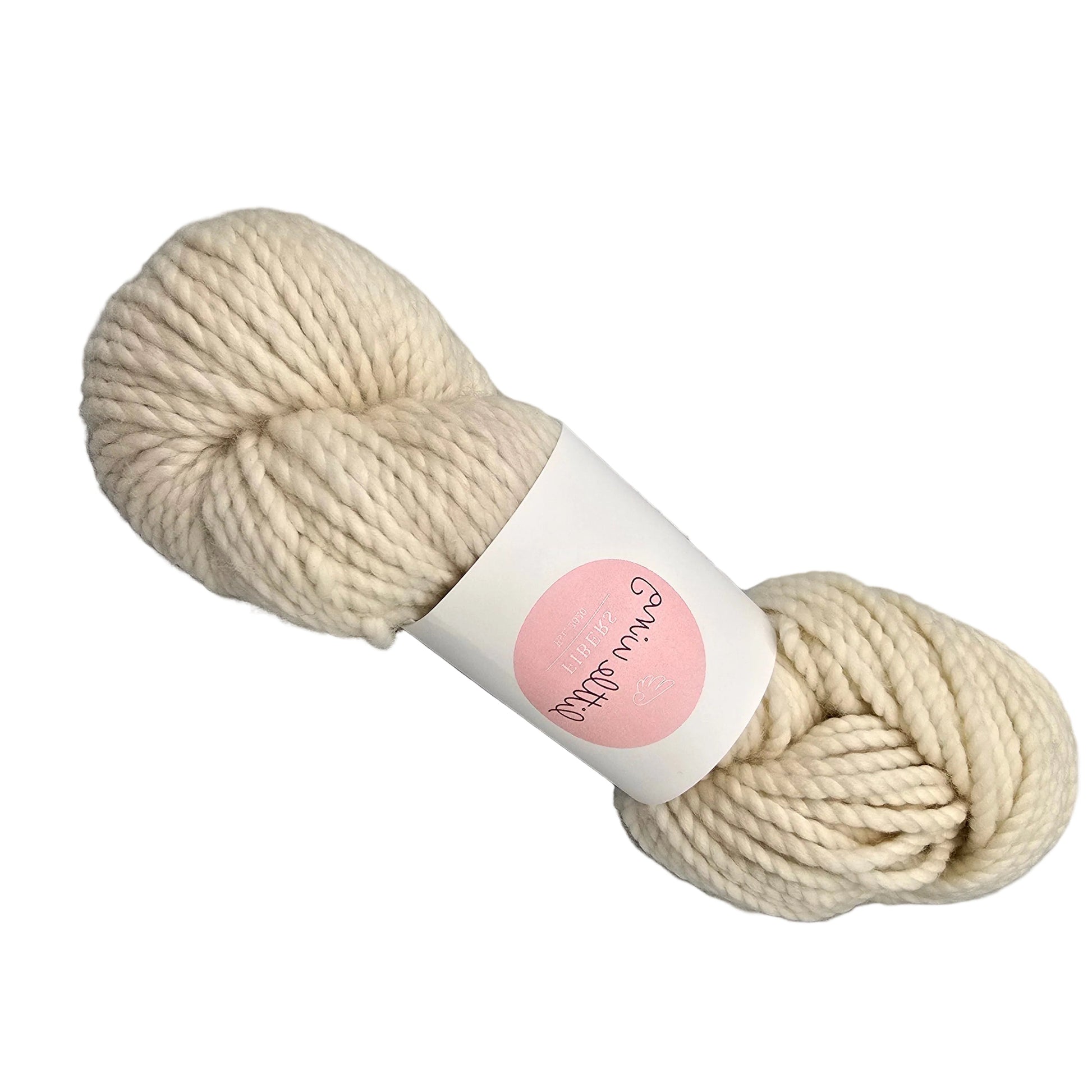 A skein of Cloud_Bulky_yarn by_Little_Wing_Fibers in the color Onigiri a cream-colored  yarn with  a label on a white background.