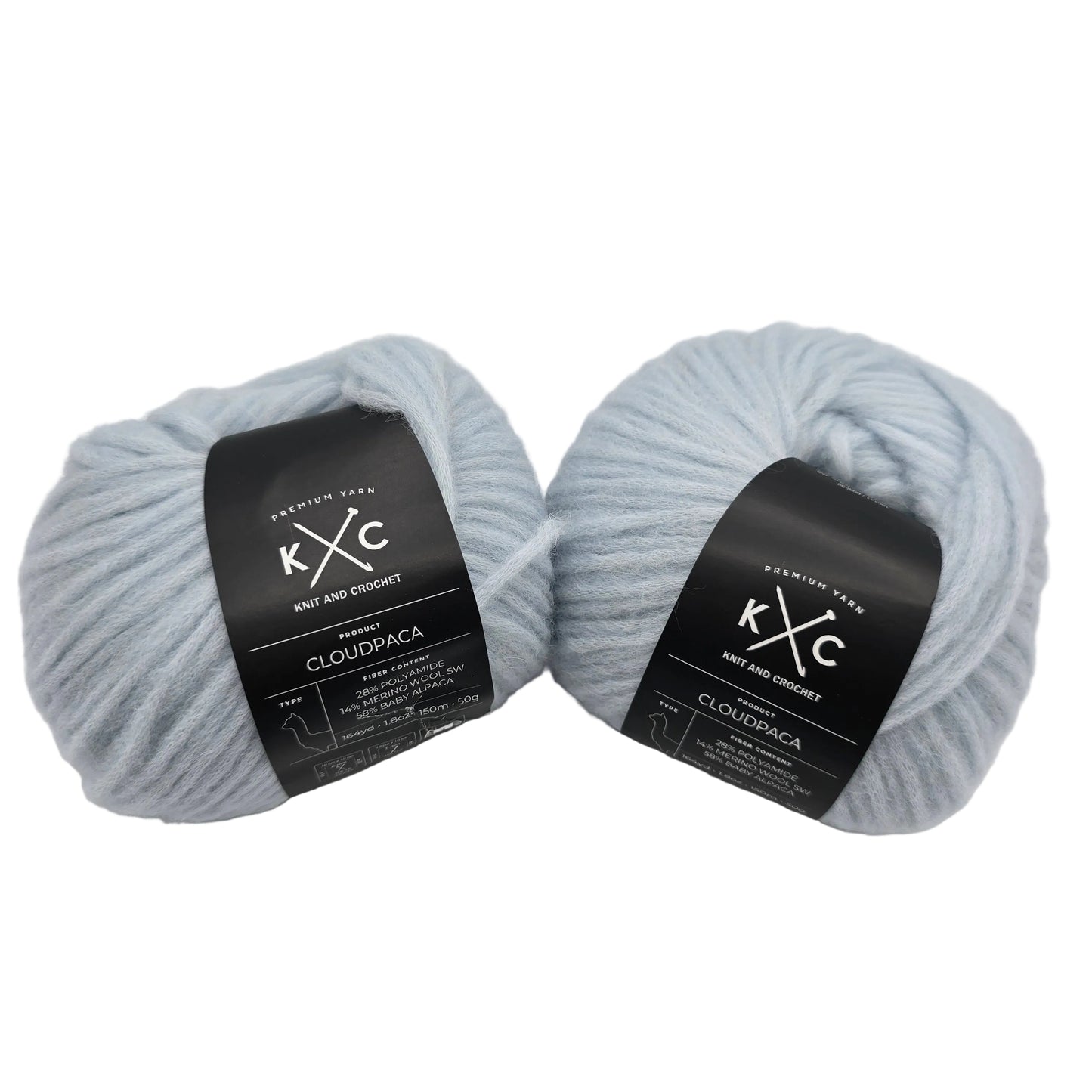 Image of two balls of Cloudpaca Yarn by K+C in the color Clearwater with labels on a white background.