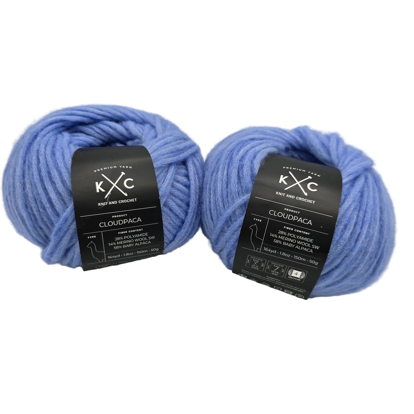Image of two balls on Cloudpaca yarn by K+C in the color Colony Blue with labels on a white background.