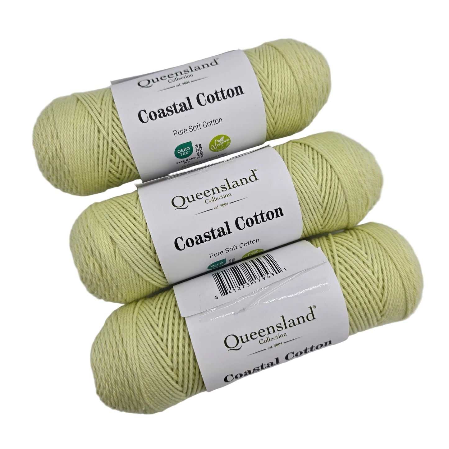 Image of three skeins of Costal Cotton Yarn by Queensland Collection in the color Celadon 1013 with label on a white background.