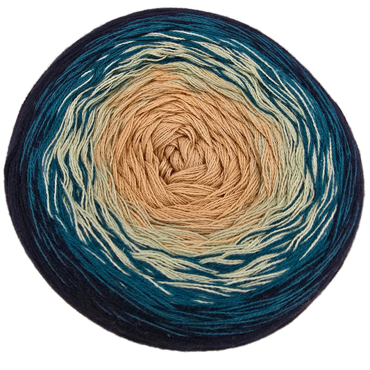 Image of a single cake of Cotton_Kings_Twirls_yarn by_Hobbii_inc color_01 Ocean Jasper on a white background.