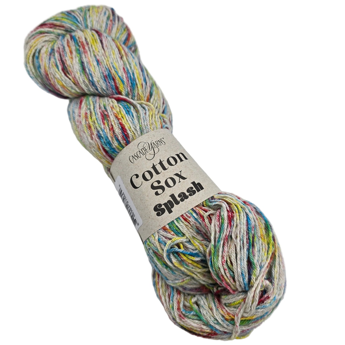 Image of a single hank of Cotton Sox Splash by Cascade Yarns in Color 407 with label on a white background.