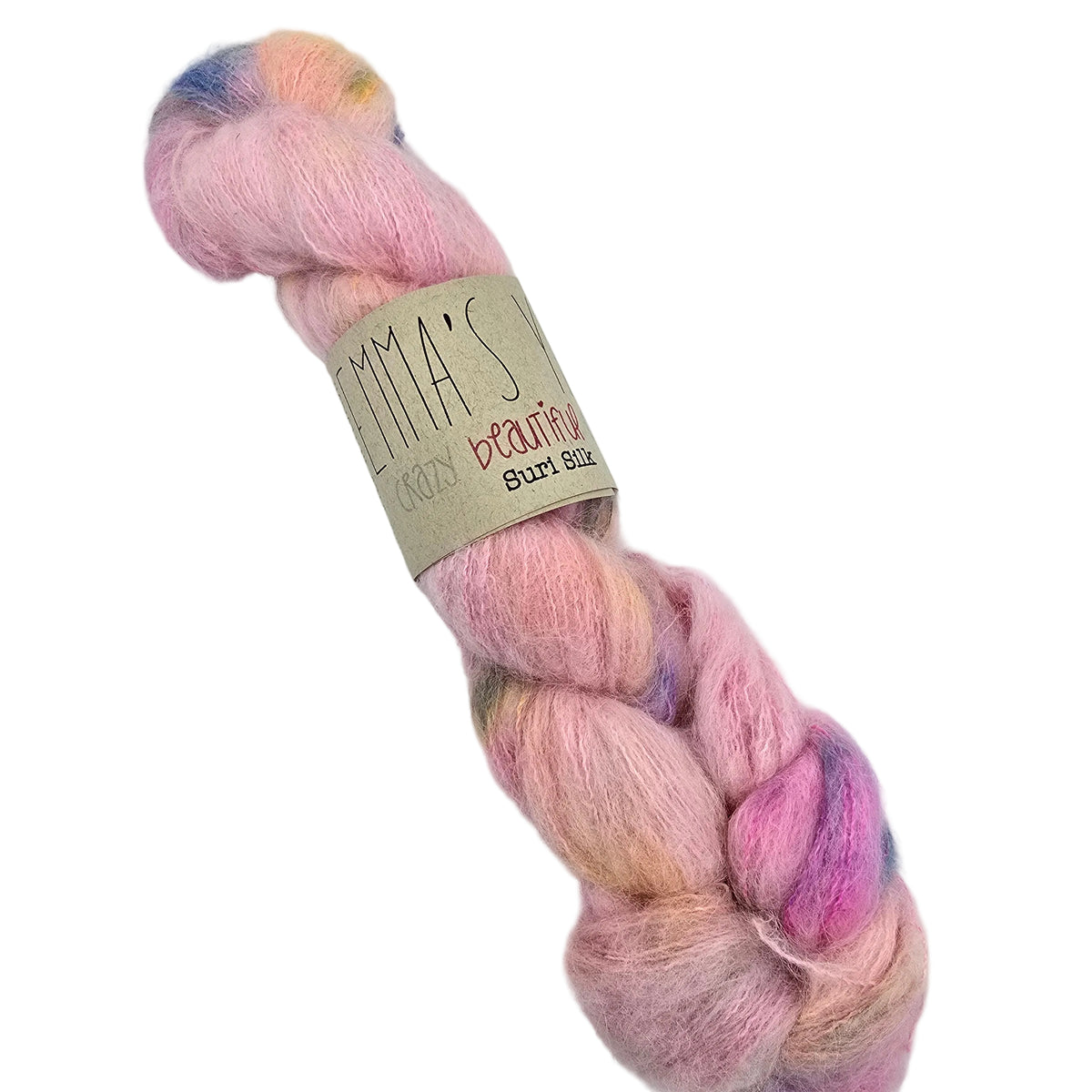 A single skein of Crazy_Beautiful_Color_yarn by_Emma_s_Yarn_in the color_June_24 a soft, fuzzy yarn in a variegated pastel pink, peach, lavender, and purple blend, wrapped with a kraft paper label on a white background.