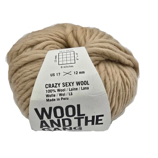 Image of a single ball of Crazy Sexy Wool Yarn by Wool And The Gang in the color Beige Blonde with label on a white background.
