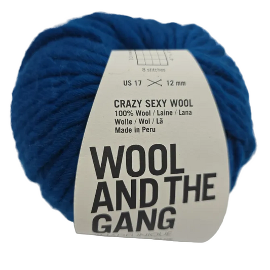 Image of a single ball of Crazy Sexy Wool Yarn by Wool And The Gang in the color Sherpa Blue with label on a white background.