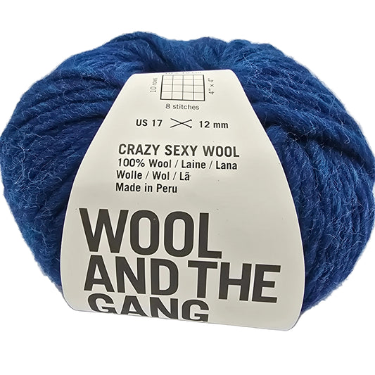 Image of a single ball of Crazy Sexy Wool Yarn by Wool And The Gang in the color Curasao Blue with label on a white background.