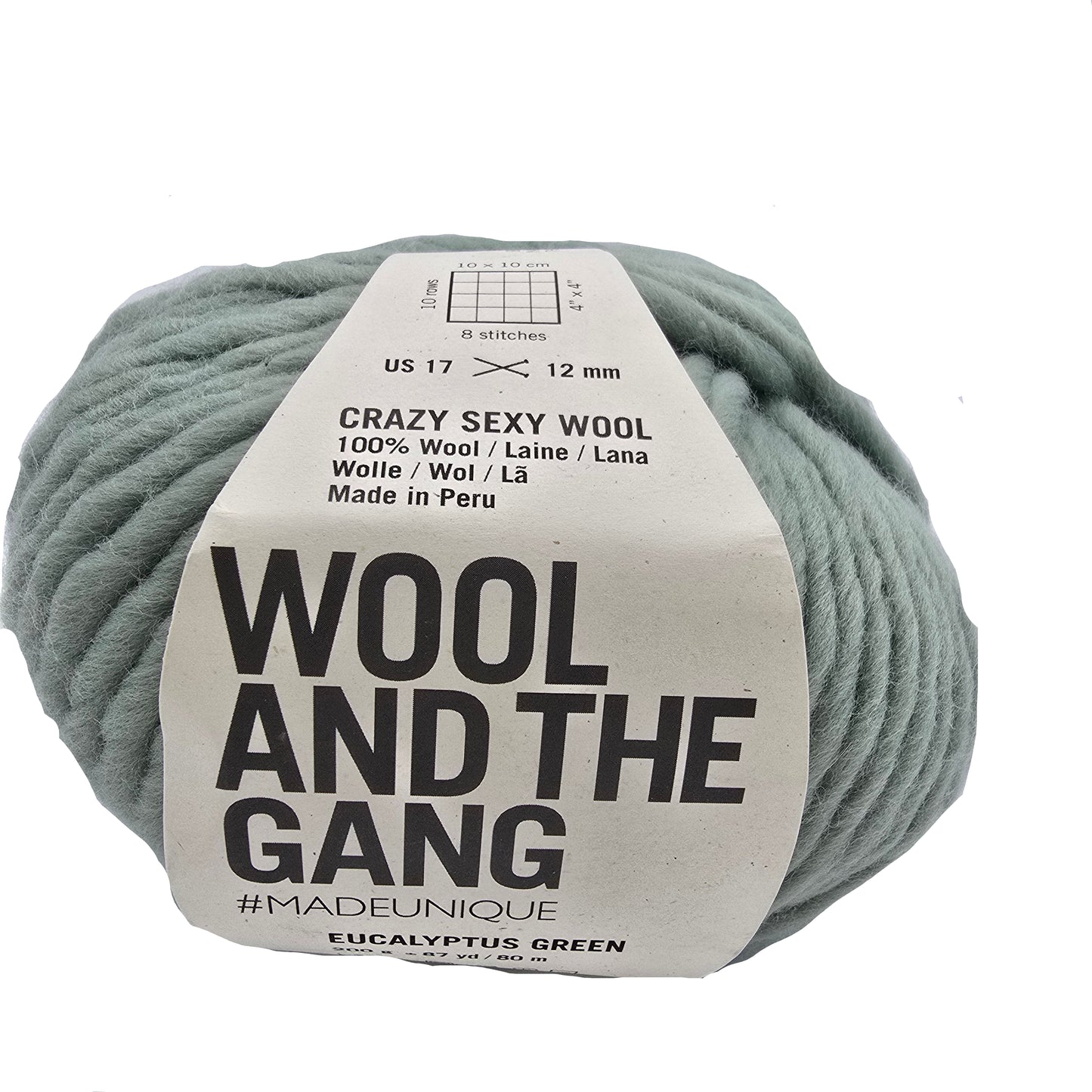 Image of a single ball of Crazy_Sexy_Wool_yarn_by_Wool_and_the_Gang_in the color eucalyptus Green with label on a white background.