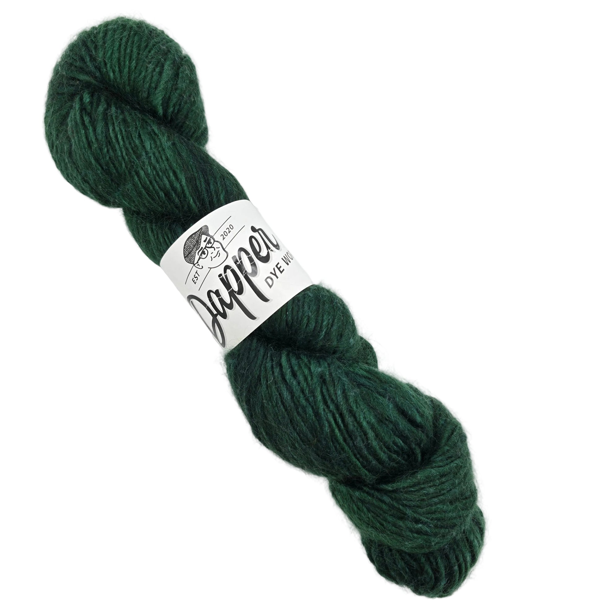 Image of a single skein of Crooner yarn  by Dapper Dye Works in the color Purdy with label on a white background.