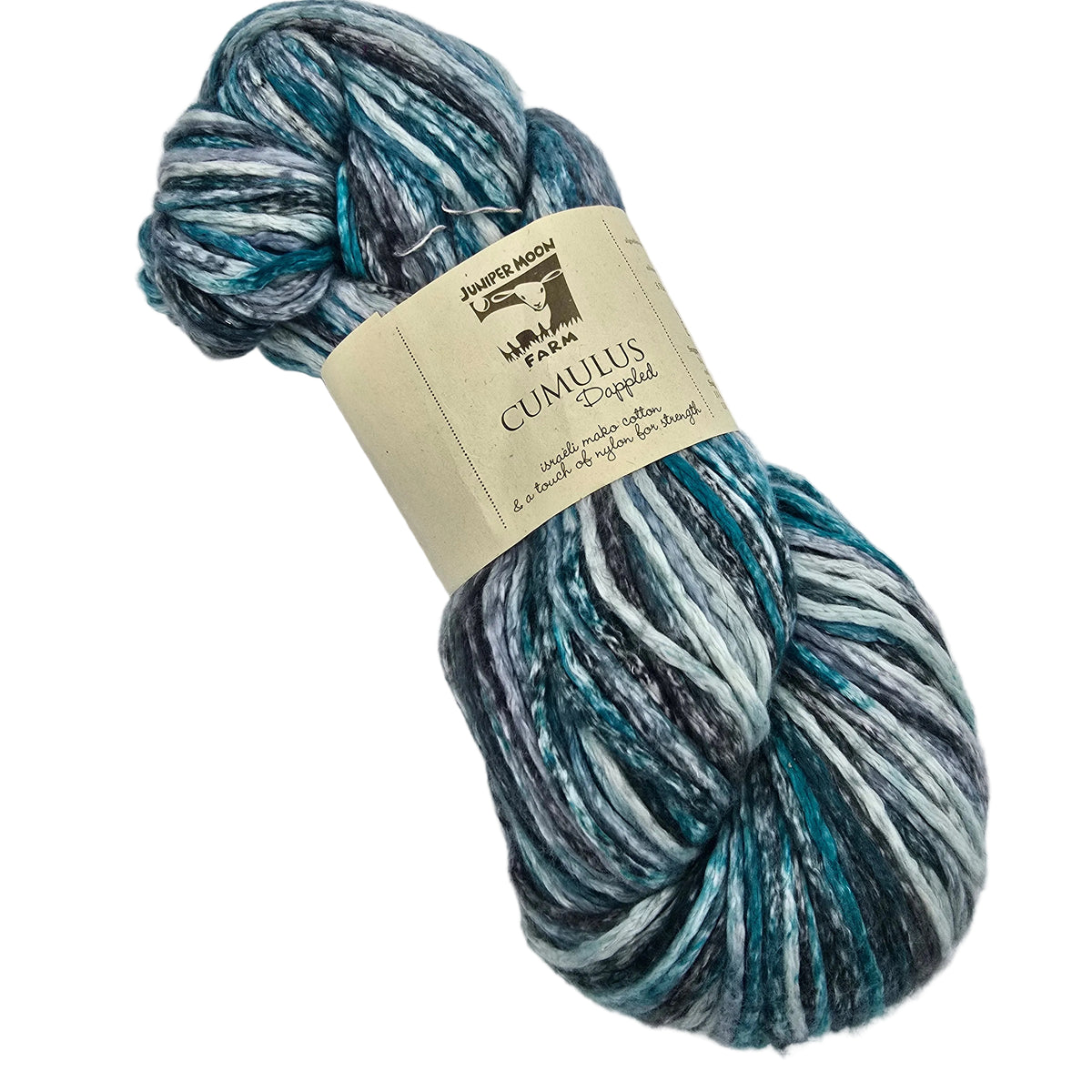 Image of a single skein of Cumulus_Dappled_Yarn_by_Juniper_Moon_Farm_in the color Kokomo Blues with label on a white background.