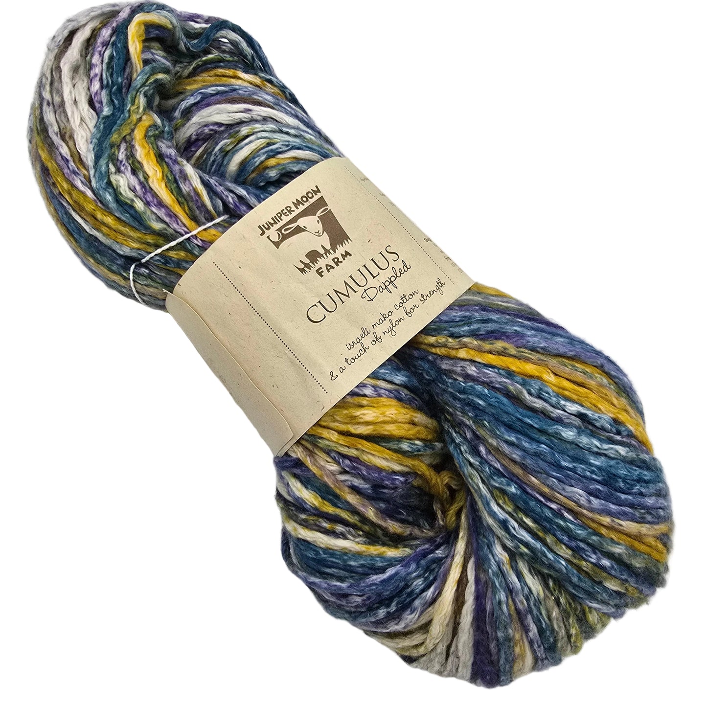 Image of a single skein of Cumulus_Dappled_Yarn_by_Juniper_Moon_Farm_in the color Bondi Beach with label on a white background.