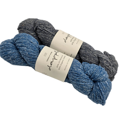 Image of two skeins of dapple yarn by Brooklyn Tween with labels on a white background.