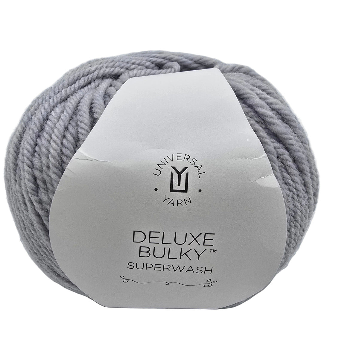 A ball of Deluxe Bulky Superwash Yarn by Universal Yarn in the color Ice Rustic a light gray a white paper label on white background.