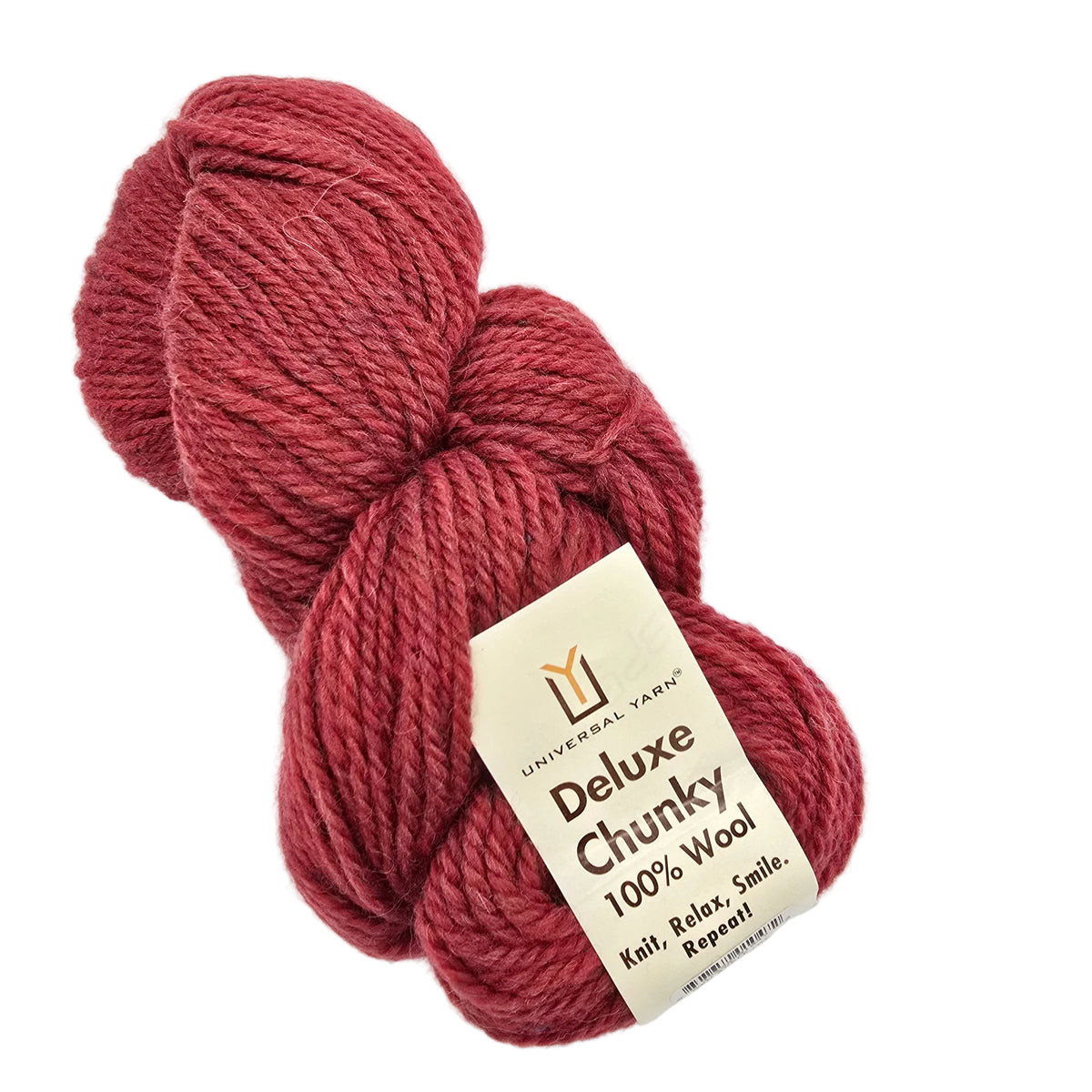 A skein of Universal Yarn Deluxe Chunky 100% Wool yarn in a dusty rose-red color, with its paper label visible, set against a plain white background.
