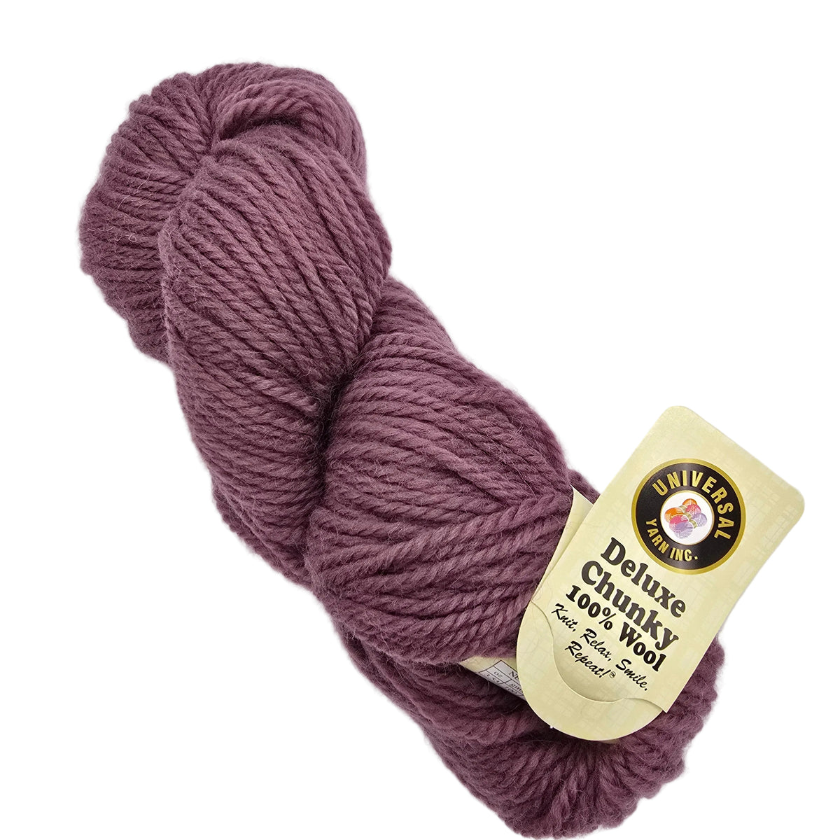 A skein of Deluxe Chunky 100% Wool yarn in Tulipwood a dusty mauve-purple color, with its original cream-colored paper label attached, set against a plain white background.