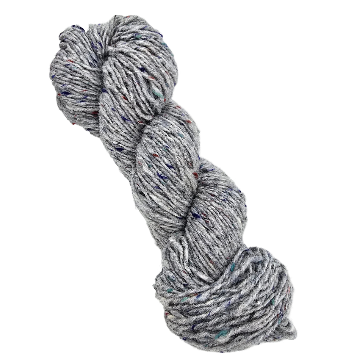 A skein of variegated gray yarn with flecks of blue and red, shown with its paper label on a clean white background.